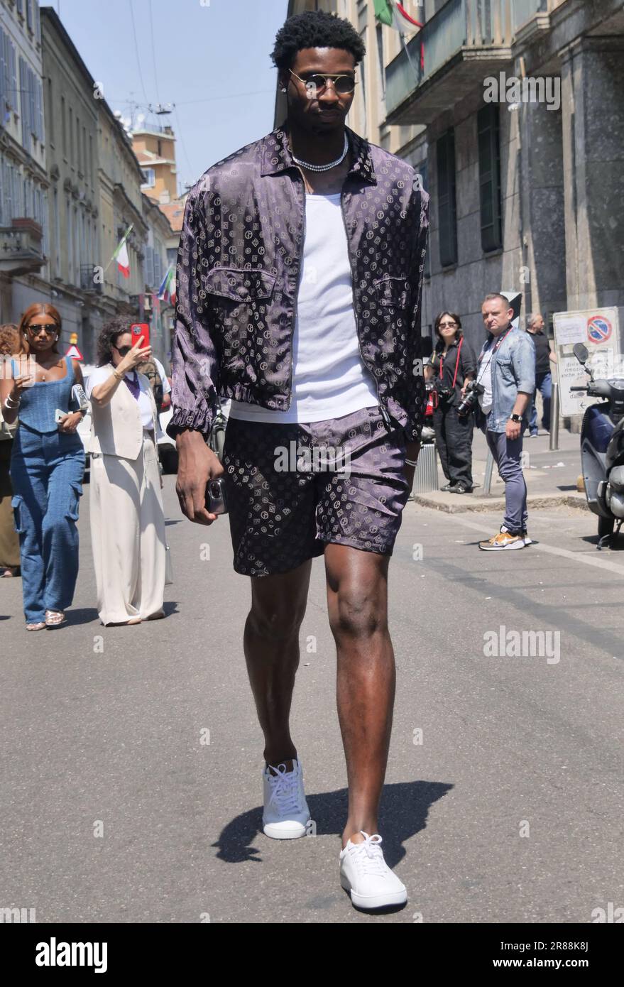 Basket player Jaren Jackson street style outfit after Armani fashion show  during Milano fashion week man collections Stock Photo - Alamy
