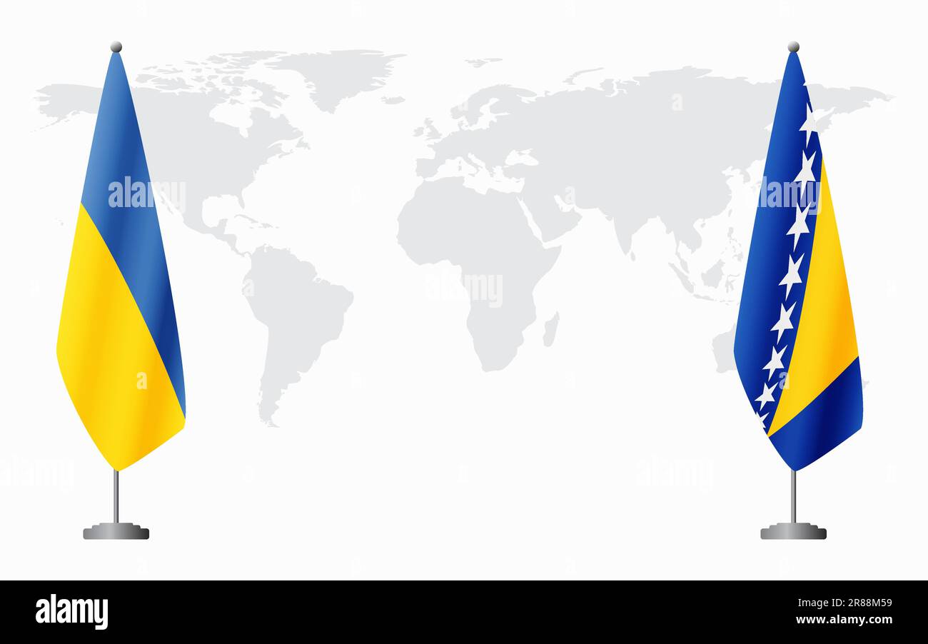 Ukraine and Bosnia and Herzegovina flags for official meeting against background of world map. Stock Vector