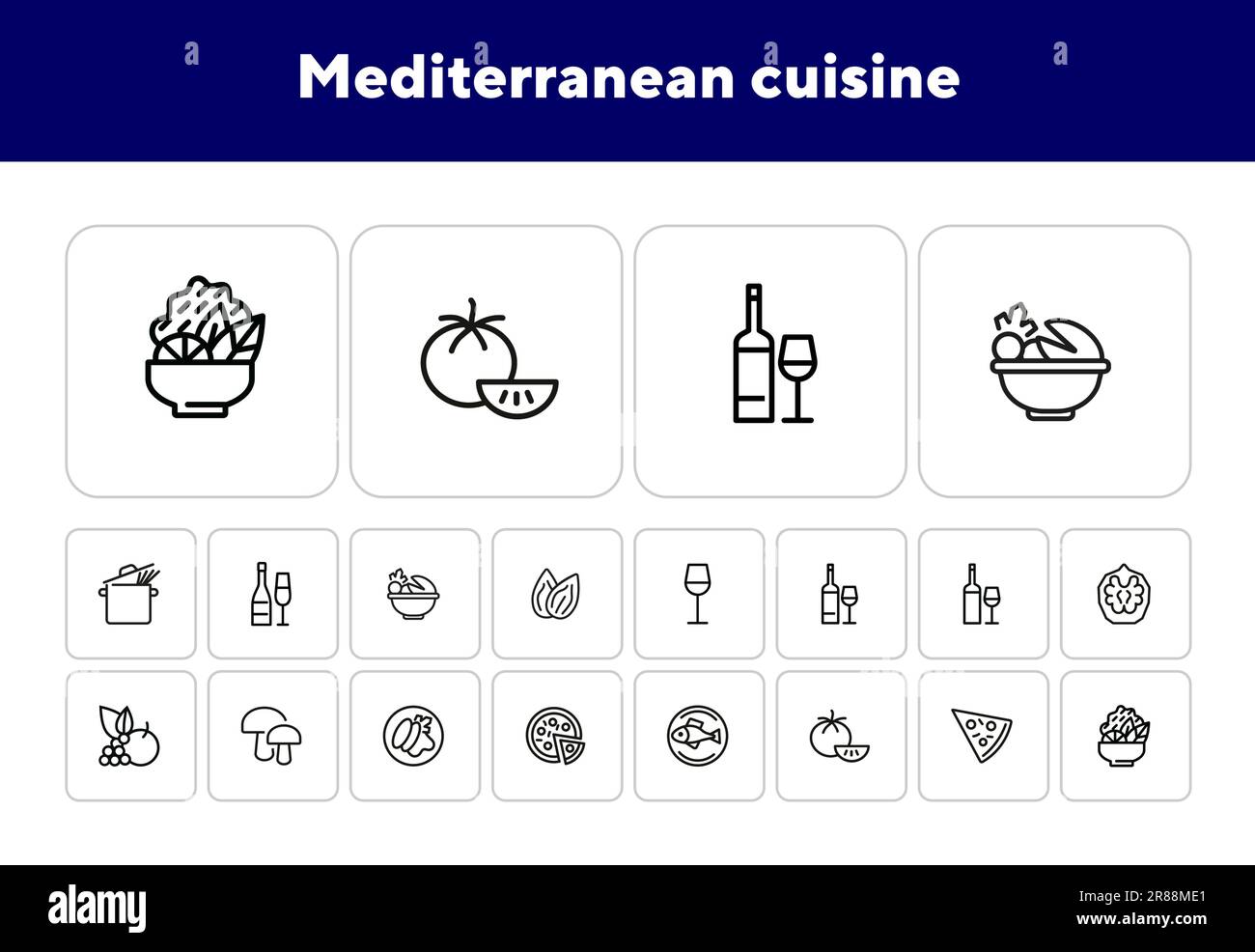 Mediterranean cuisine line icon set Stock Vector