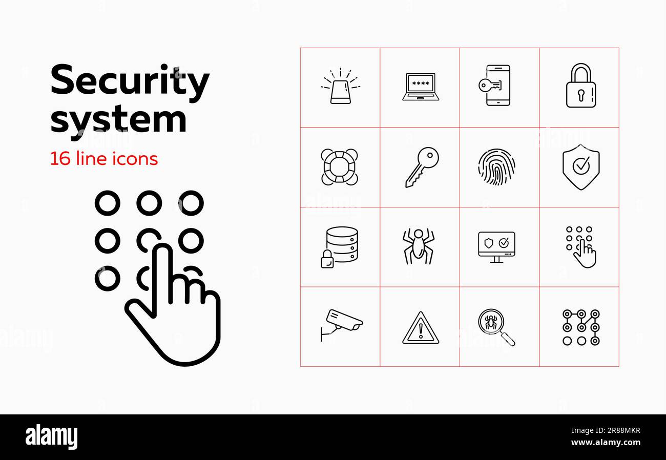 Security system line icon set. Key, locked data storage Stock Vector