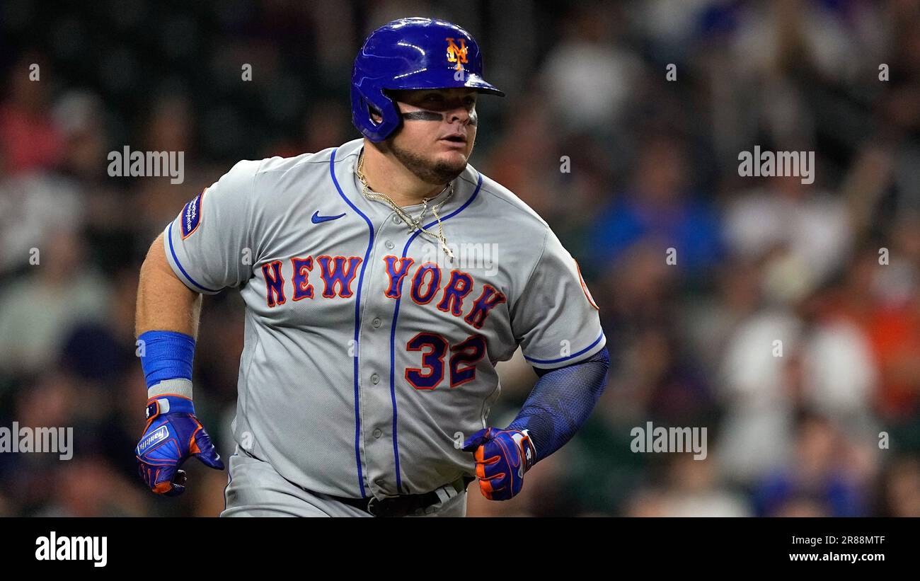 New York Mets' Daniel Vogelbach (32) runs up the first base line against  the Houston Astros during the ninth inning of a baseball game Monday, June  19, 2023, in Houston. (AP Photo/David