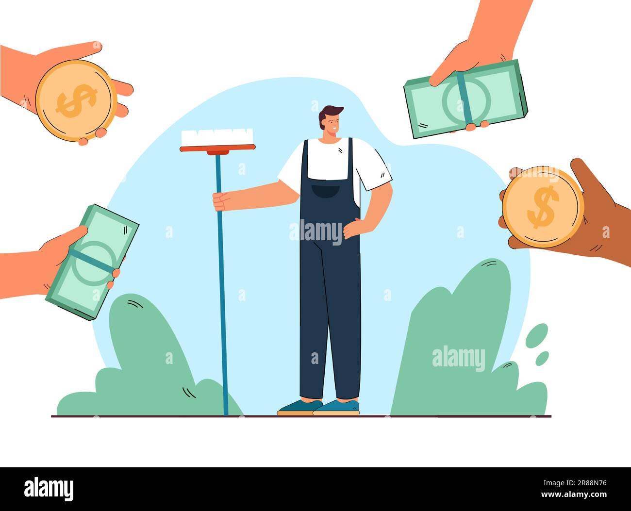 Hands offering banknotes and coins to cleaner with mop Stock Vector