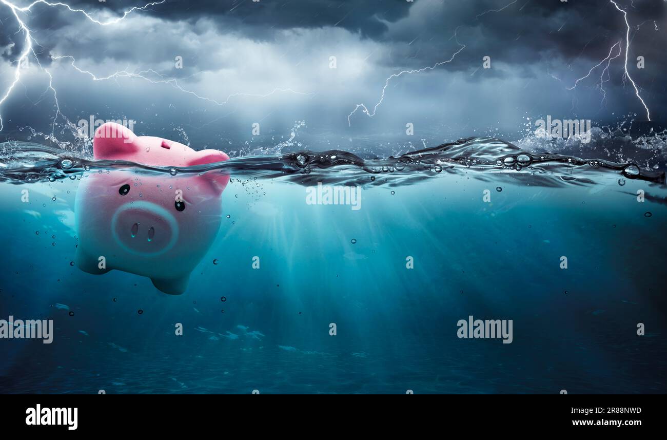 Piggy Bank At Risk To Drowning In Debt - Crisis Financial Banking Concept - Contain 3d Rendering Stock Photo