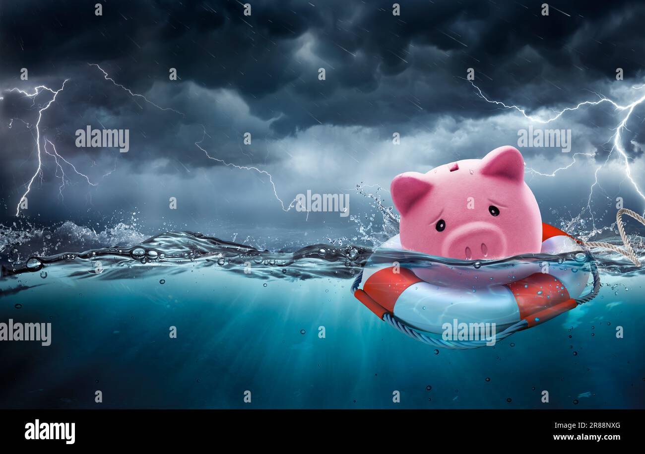 Rescue Savings and Banking Insurance Concept - Piggy Bank At Risk To Drowning In Debt - Contain 3d Rendering Stock Photo