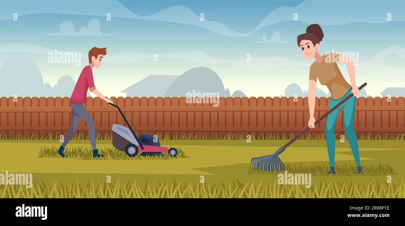Cutting grass. Outdoor people gardening care plants with lawn mowing ...