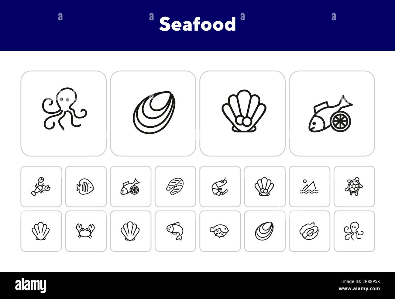 Seafood line icon set. Shrimp, seashell, turtle Stock Vector