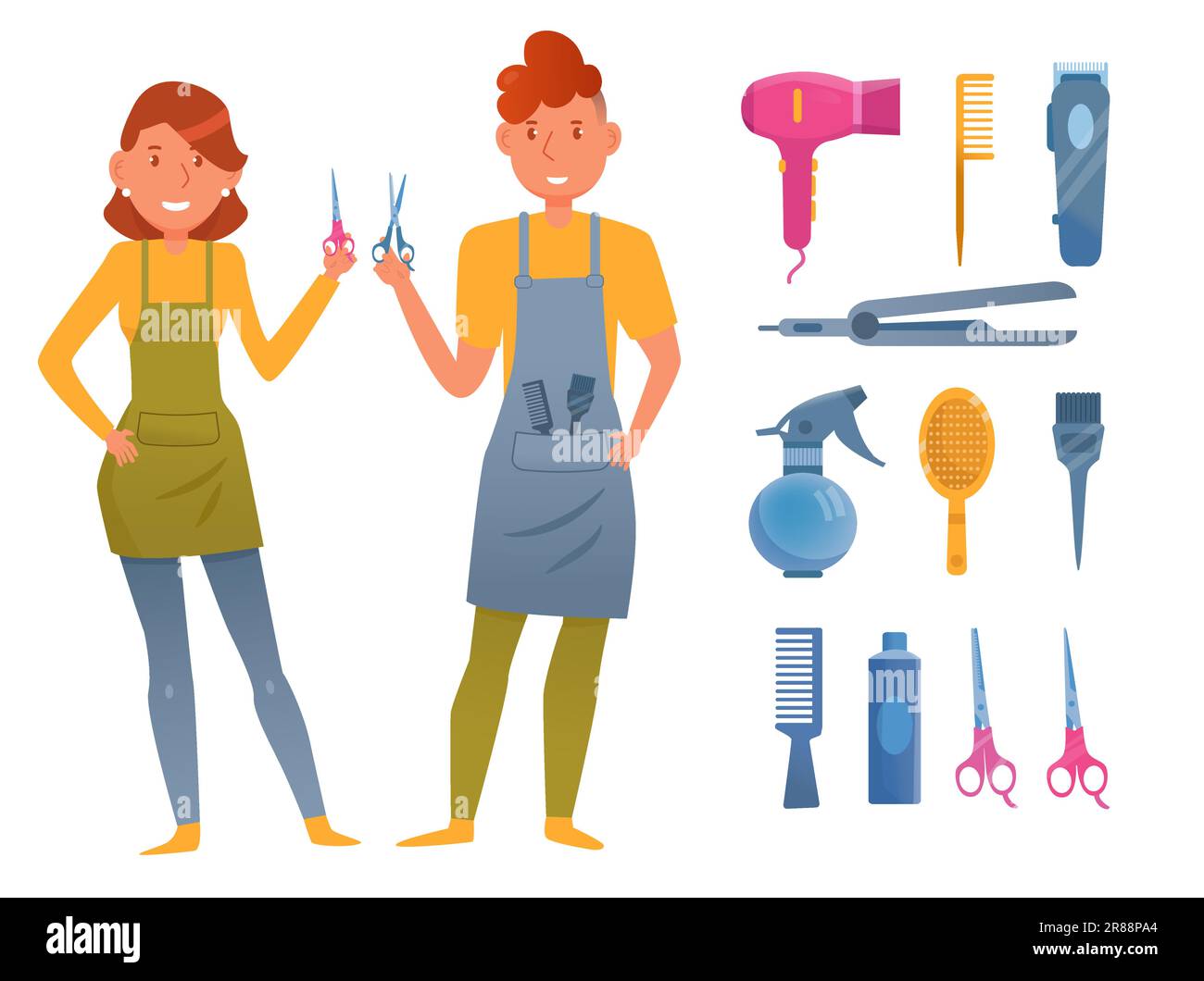 Cartoon hairdressers with accessories vector illustrations set Stock