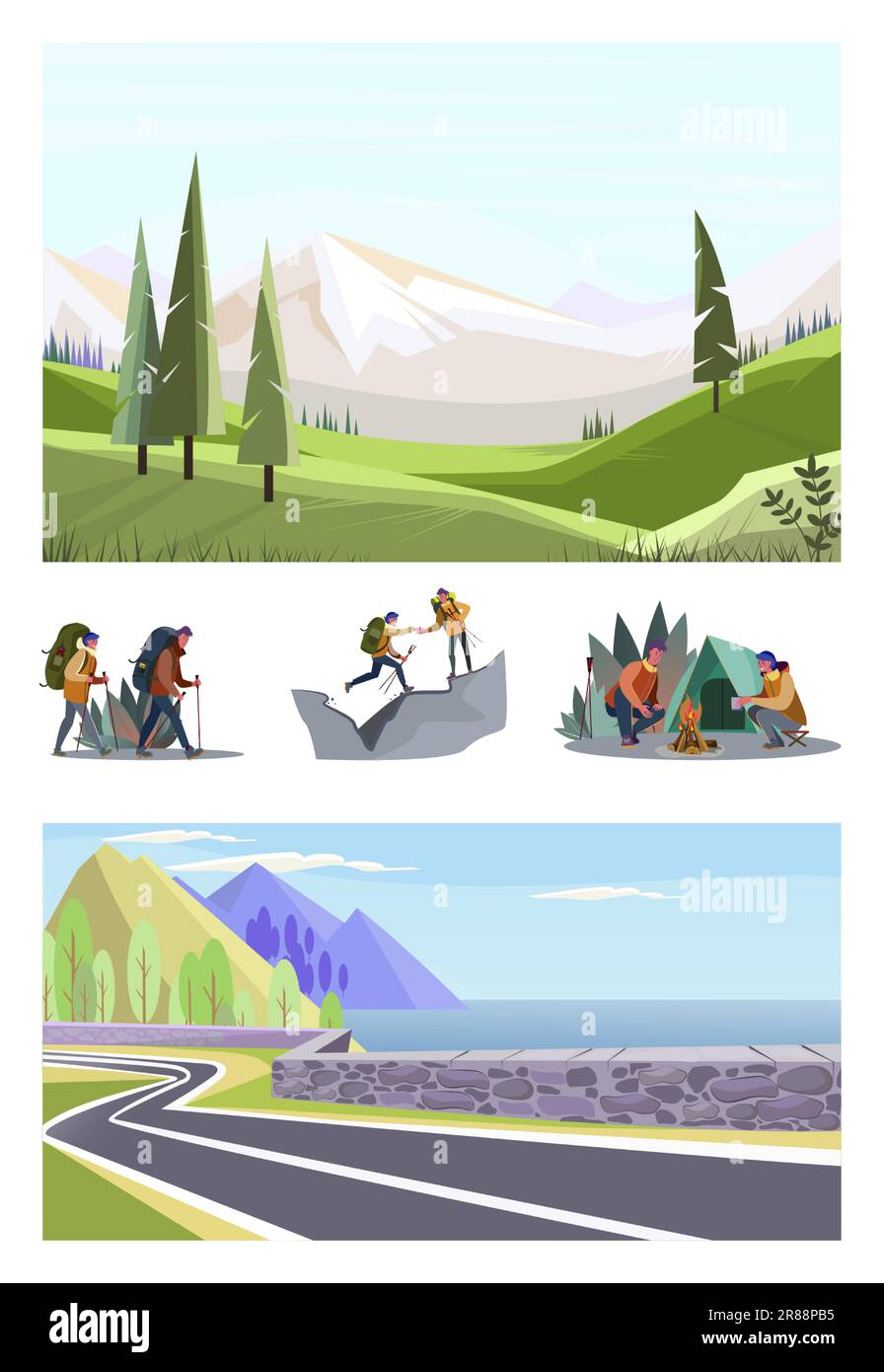Set of young couple hiking Stock Vector