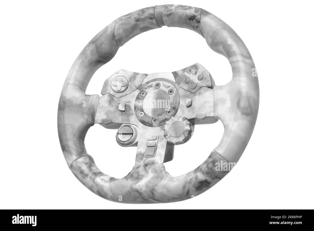 Realistic leather steering wheel with black marble texture on white
