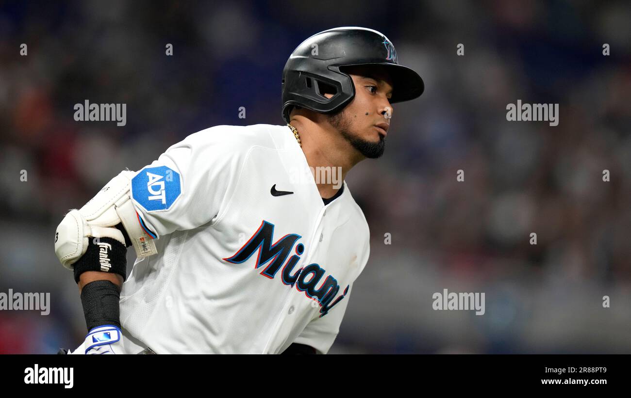 Miami Marlins' Luis Arraez (3) runs to first base during a baseball game  against the Detroit Tigers, Friday, July 28, 2023, in Miami. (AP  Photo/Marta Lavandier Stock Photo - Alamy