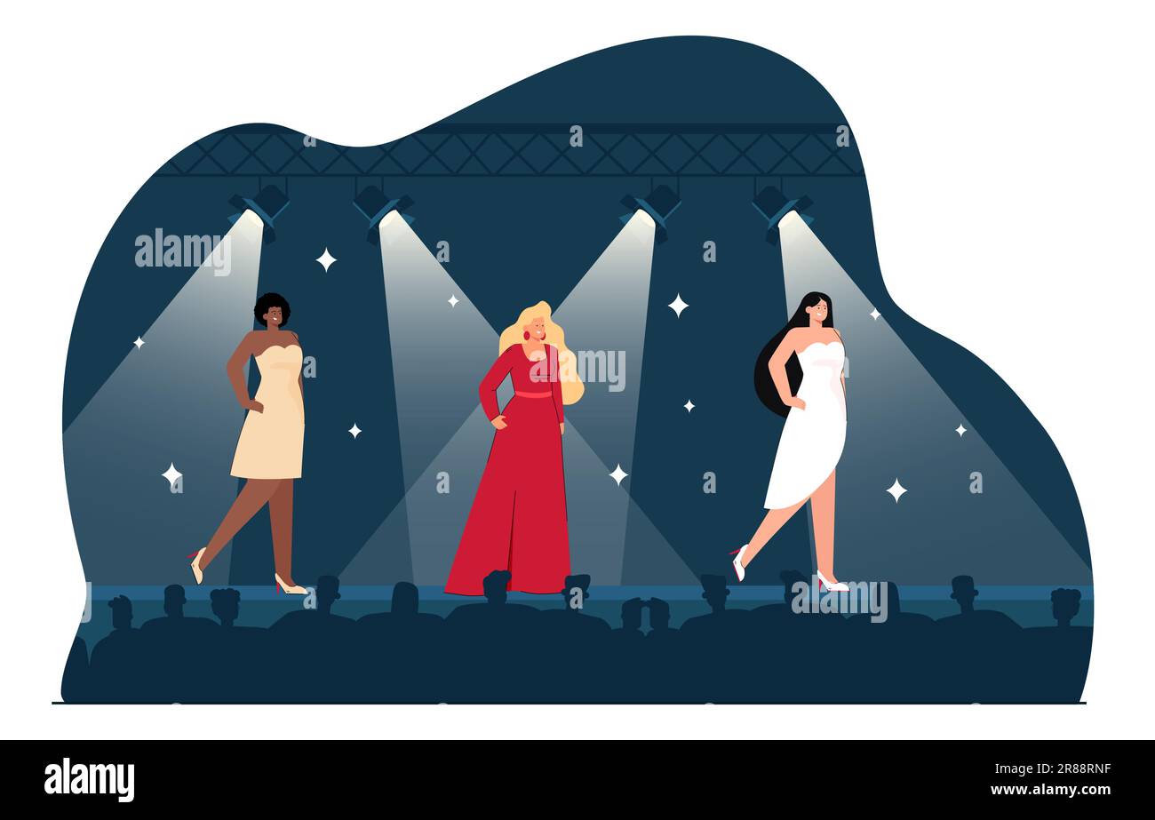 Female models showing dresses on catwalk with spotlights Stock Vector ...