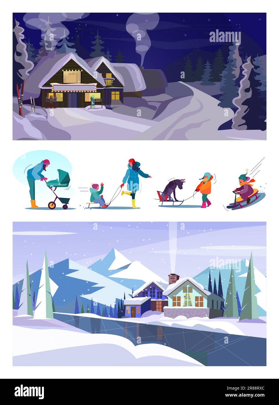 Set of happy families enjoying snowy winter at rustic area Stock Vector