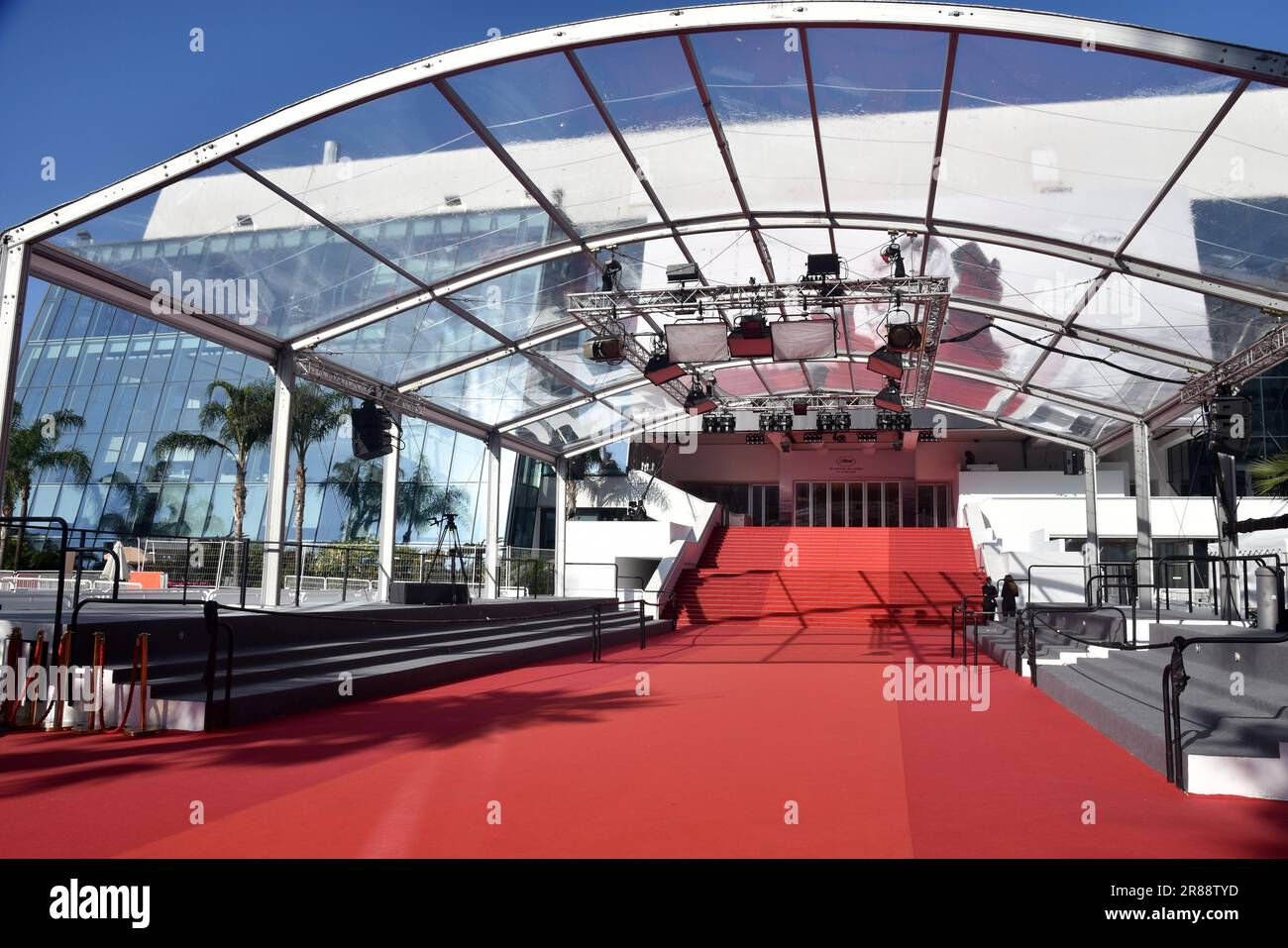 France, french riviera, Cannes, the stairs of the festival palace with the famous red carpet for the international film festival. Stock Photo