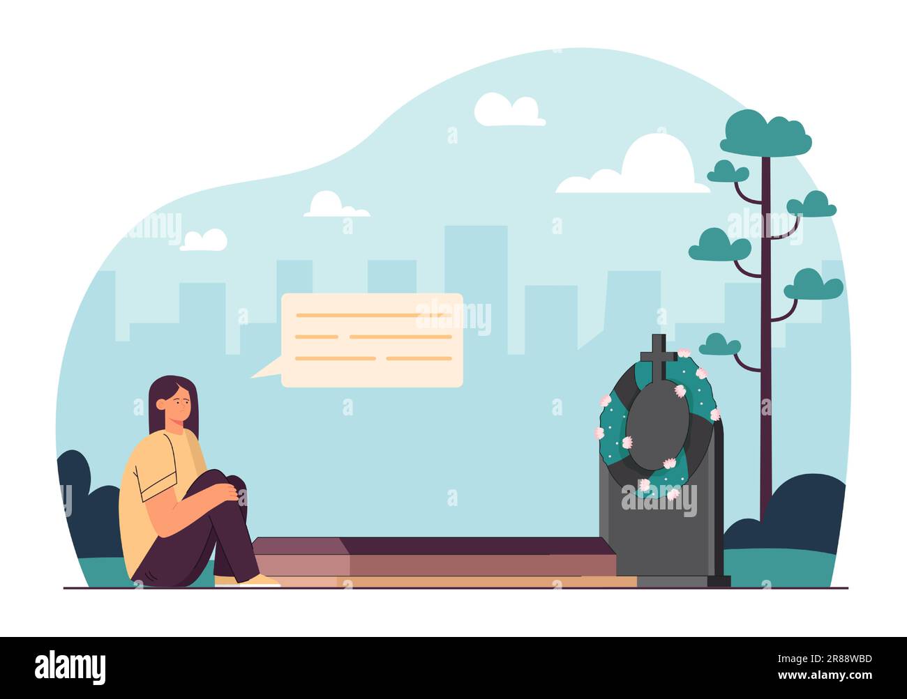 Sad woman mourning family loss on cemetery Stock Vector