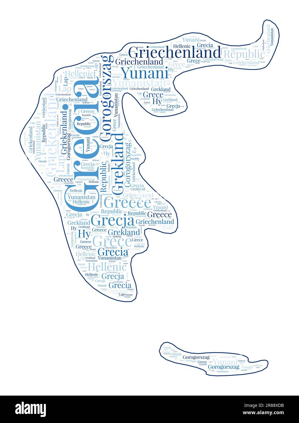 Greece shape filled with country name in many languages. Greece map in