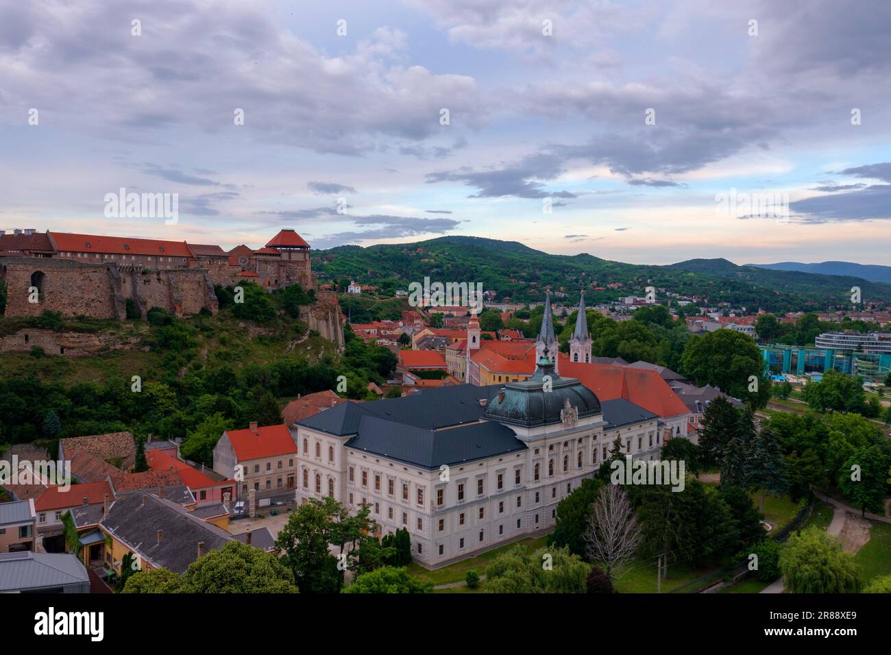 Aerial view about the historic quarter of Esztergom, embraced by the Basilica and the Danube. Stock Photo