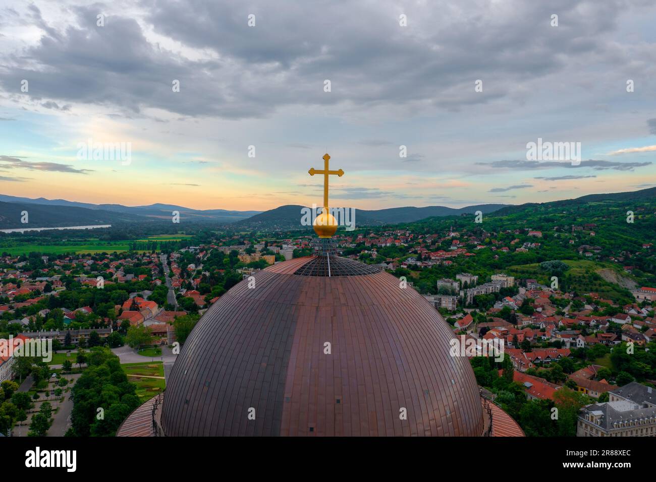 Aerial close up view about the main dome of the Basilica of Esztergom. Stock Photo