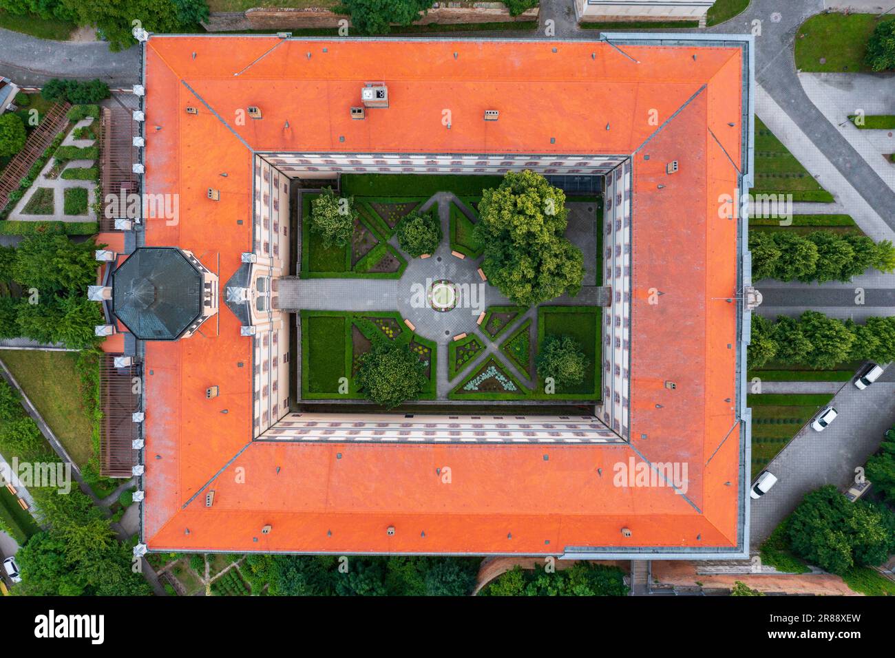 Aerial top down view about the Szent Adalbert Event Center which can be found in the historic quarter of Esztergom, embraced by the Basilica and the D Stock Photo