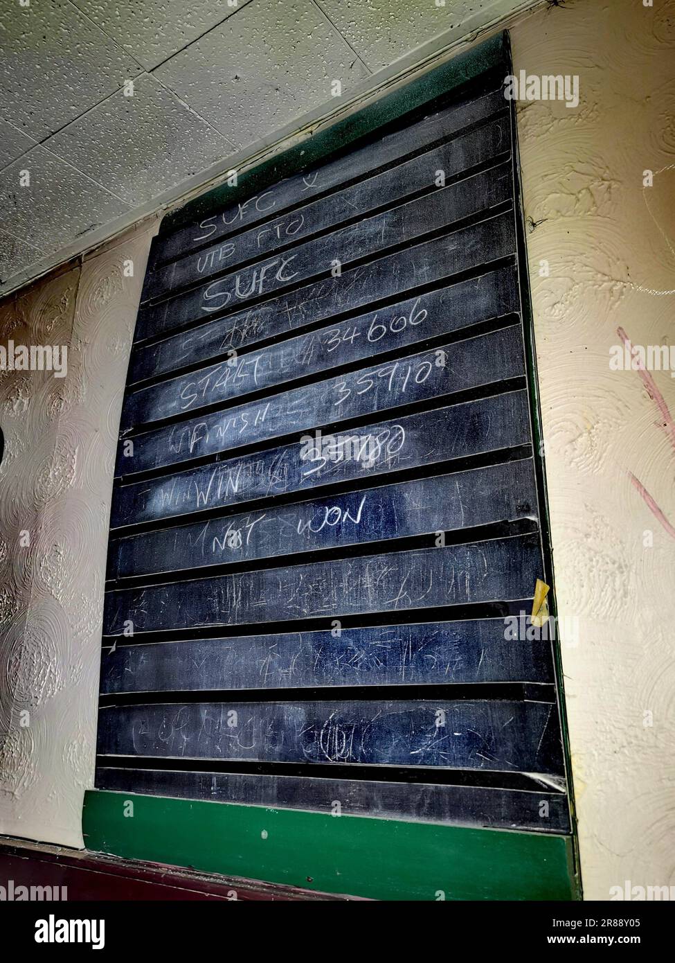 Chalkboard still has football matches on it SHEFFIELD, ENGLAND STEP INSIDE the working men?s club that is the setting for the most iconic striptease s Stock Photo