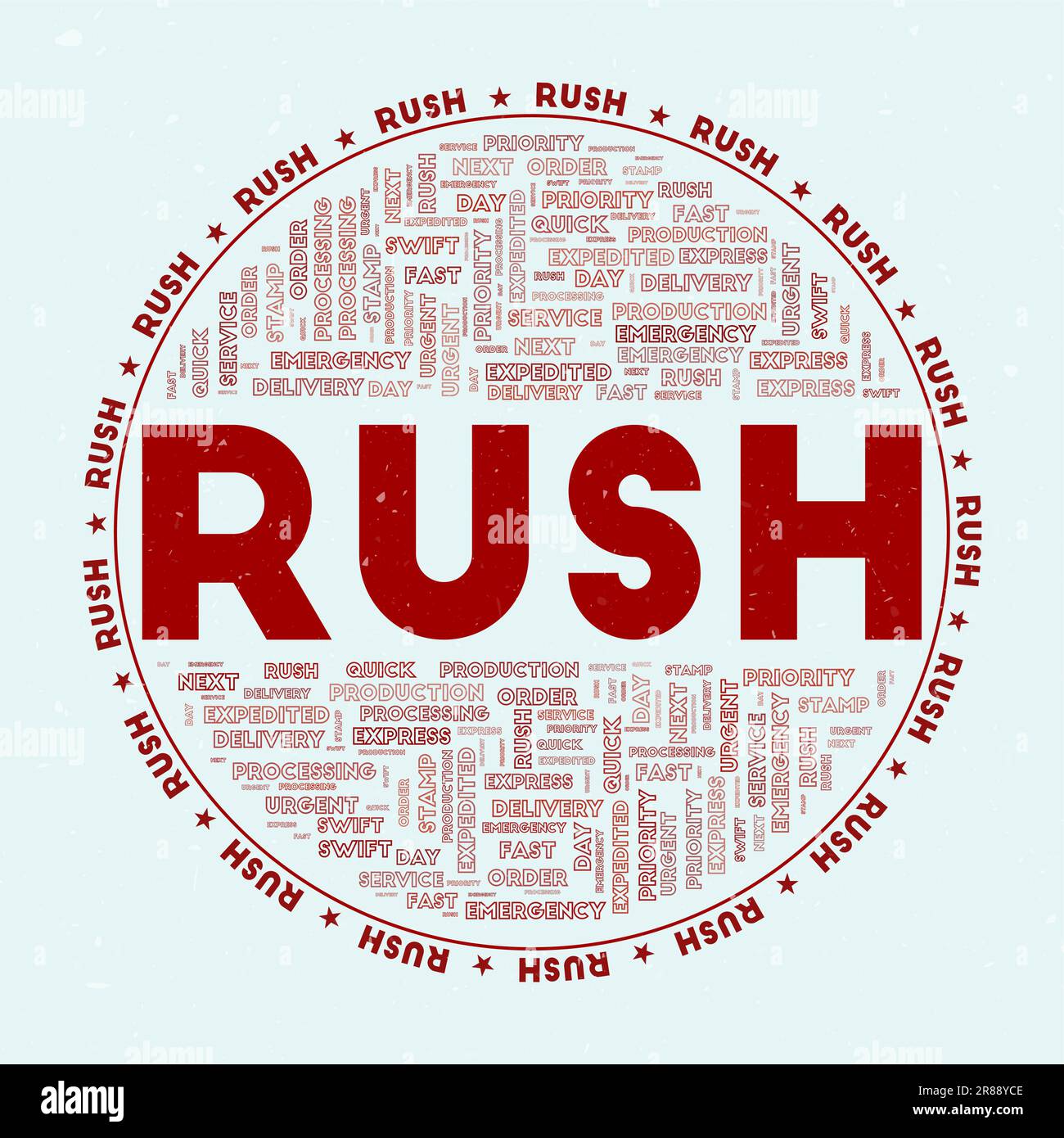 Rush - round badge. Text rush with keywords word clouds and circular text. Cacodemon Red color theme and grunge texture. Superb vector illustration. Stock Vector