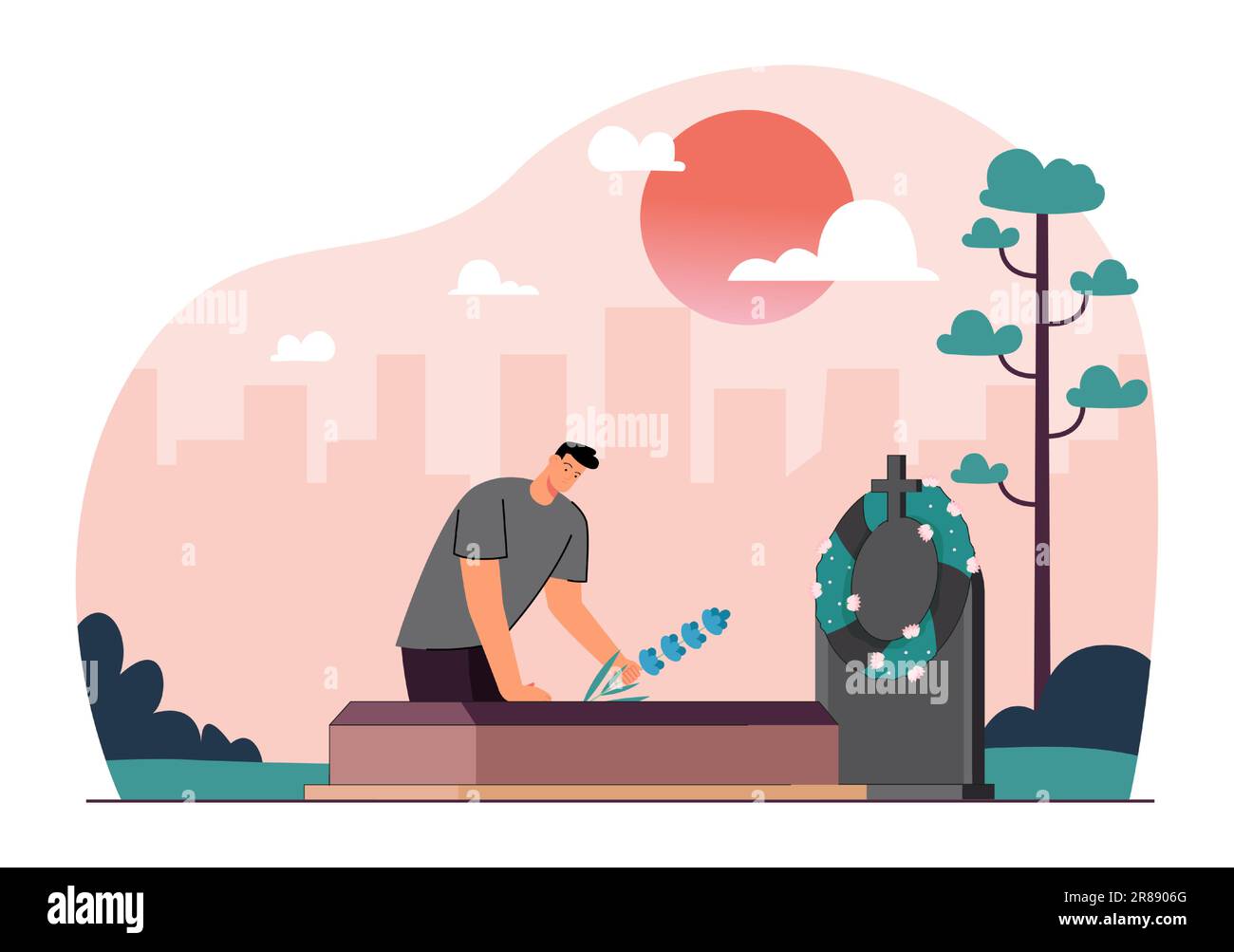 Man putting flower on cemetery grave with grief and sorrow Stock Vector
