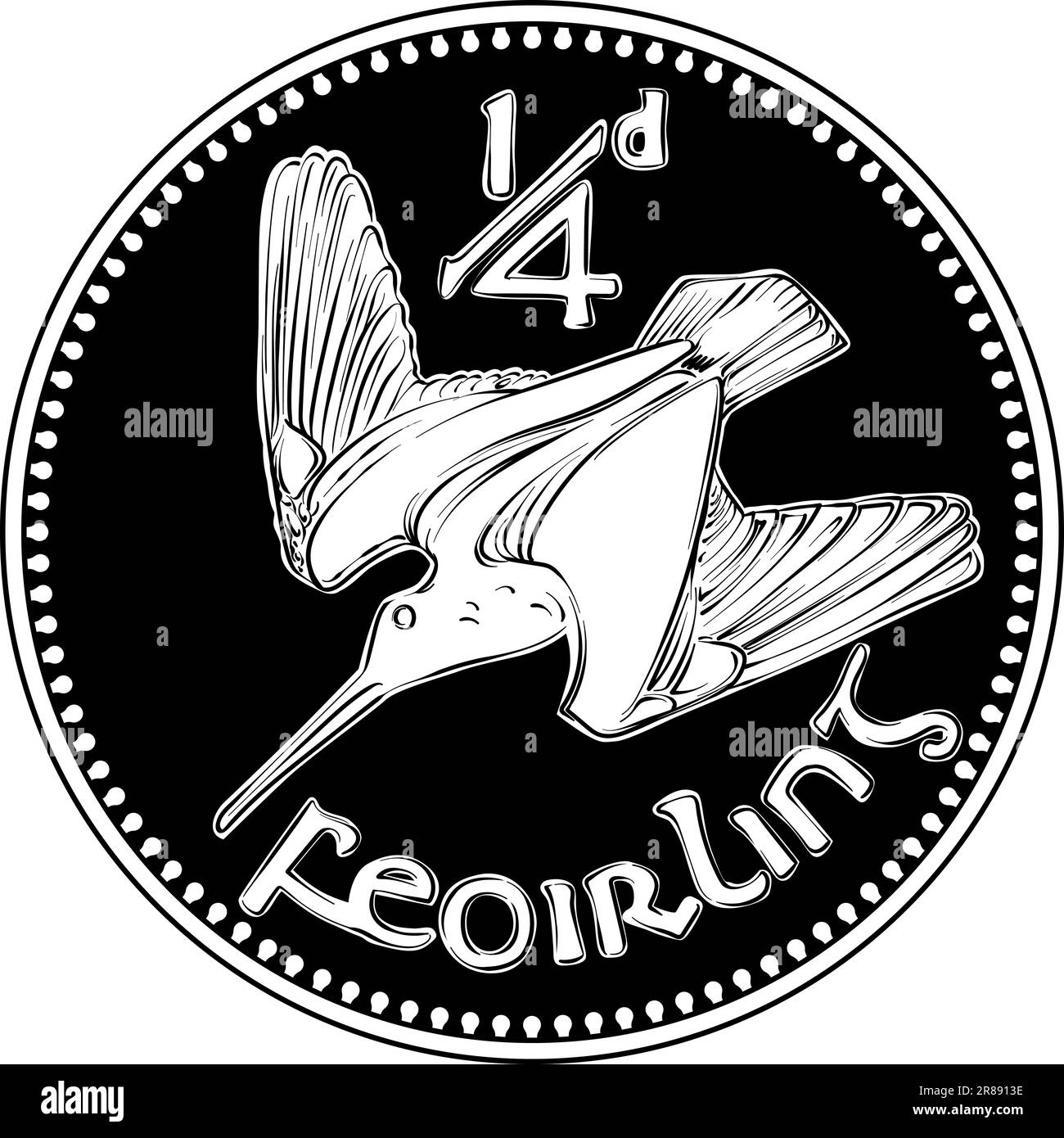 Irish money Pre-decimal gold coin Farthing with woodcock on reverse. Black and white image Stock Vector