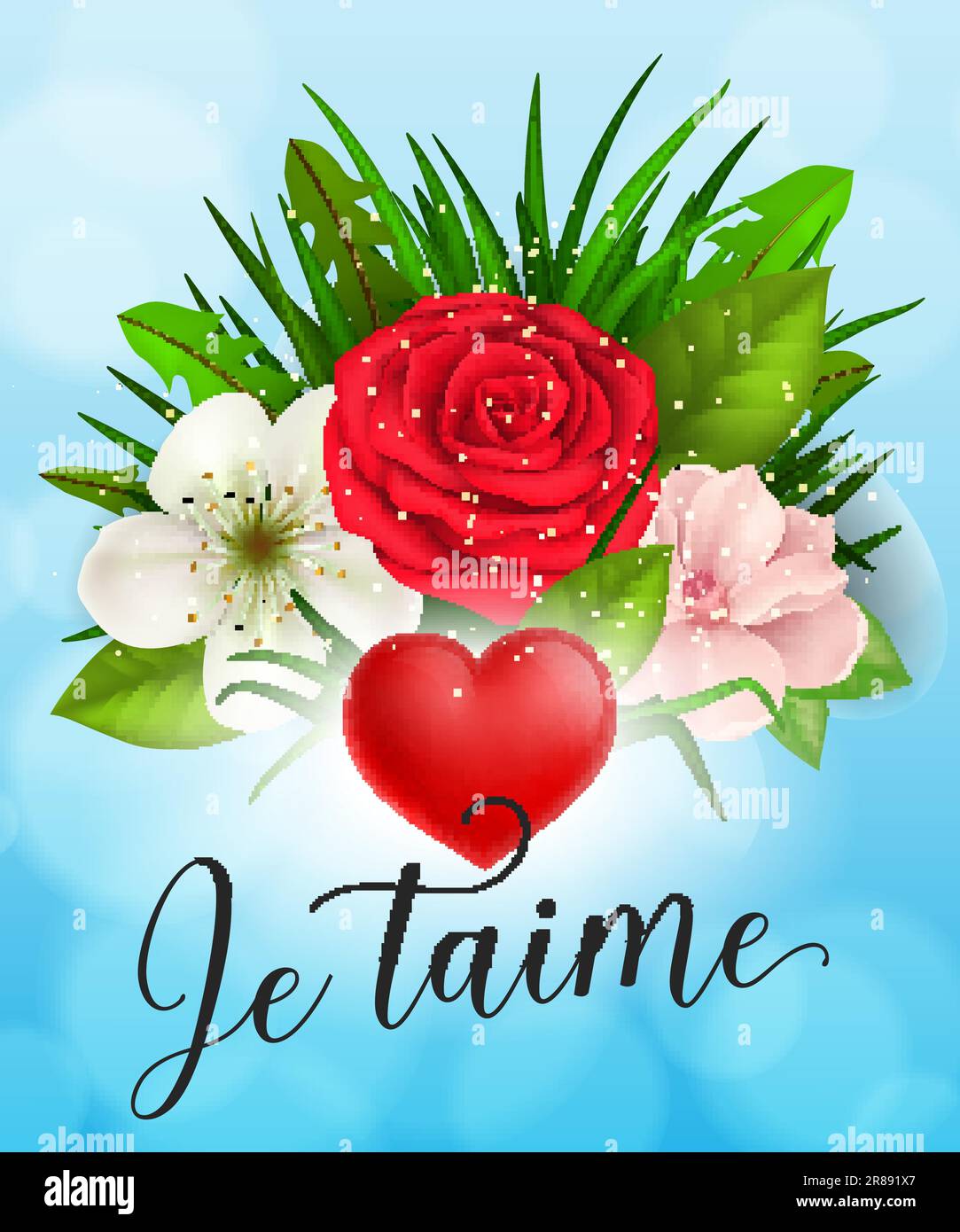 Je Taime Lettering with Flowers and Heart Stock Vector