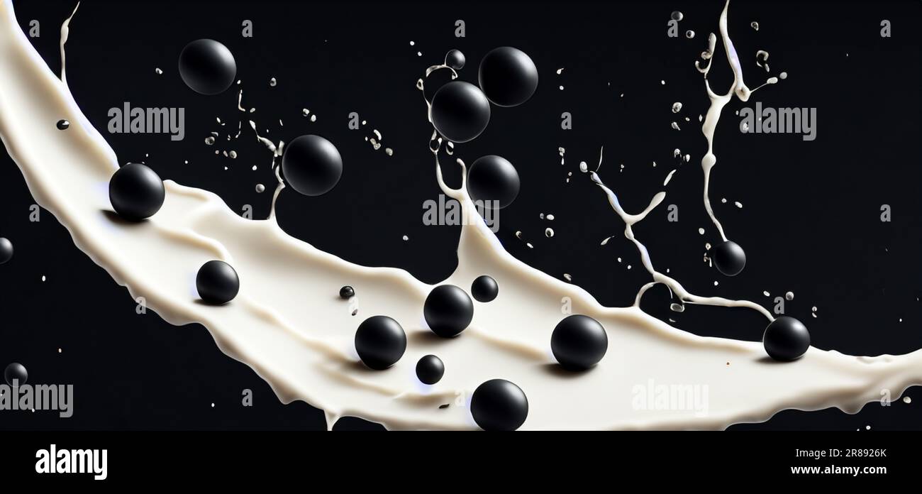 Bubble milk tea with tapioca balls splashing against black background