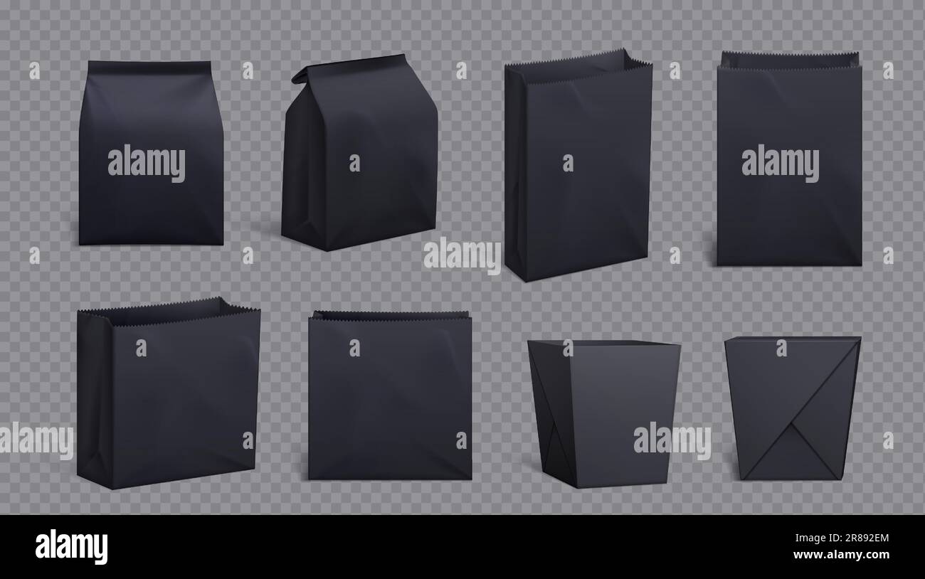 Realistic set of black paper bag and box isolated on transparent ...
