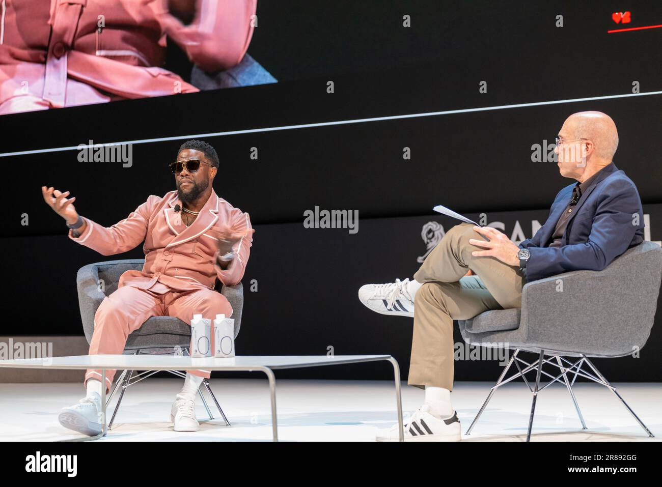 Cannes, France - June 20 2023: Kevin Hart - The Entertainment Person of the Year and Jeffrey Katzenberg Founding Partner WndrCo speak on stage during the Cannes Lions session at the Cannes Lions 2023 © ifnm press Stock Photo