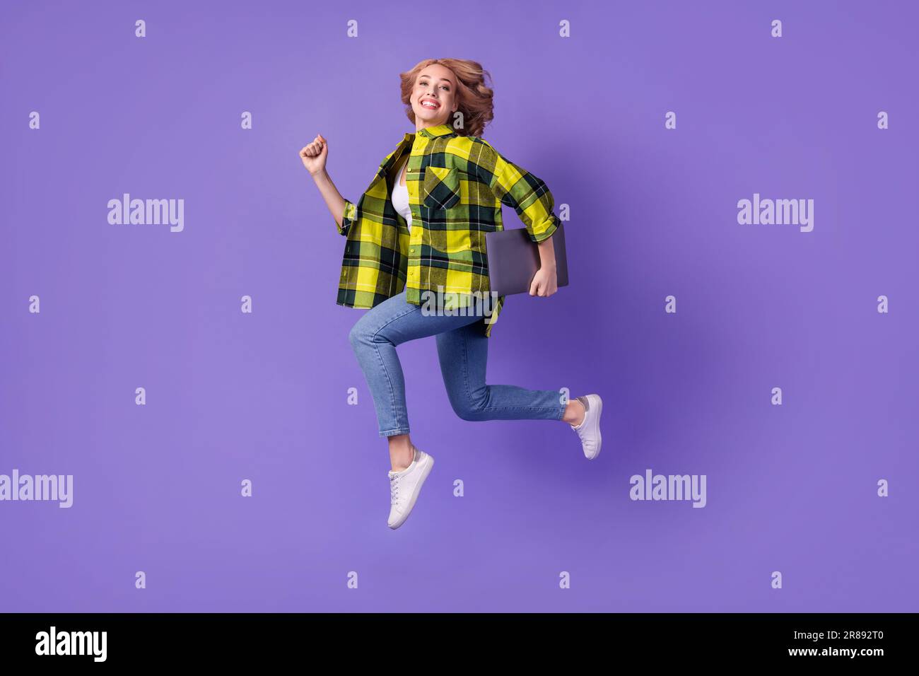 Full body photo of running funky girl office manager hurry up jumper ...