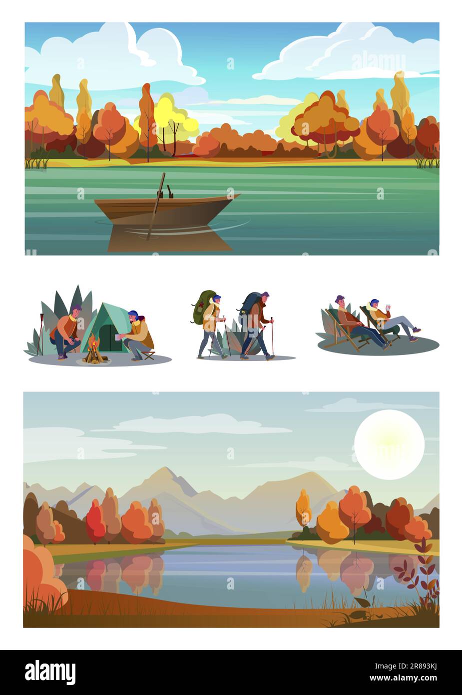 Set of young tourists hiking Stock Vector