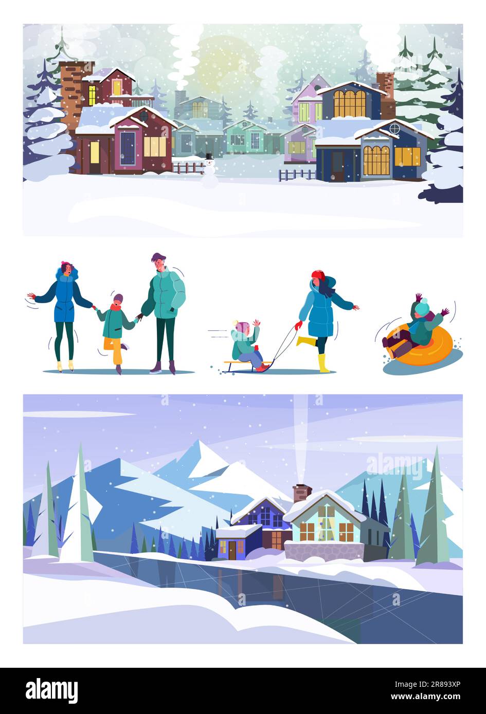 Set of happy families enjoying winter at rural area Stock Vector