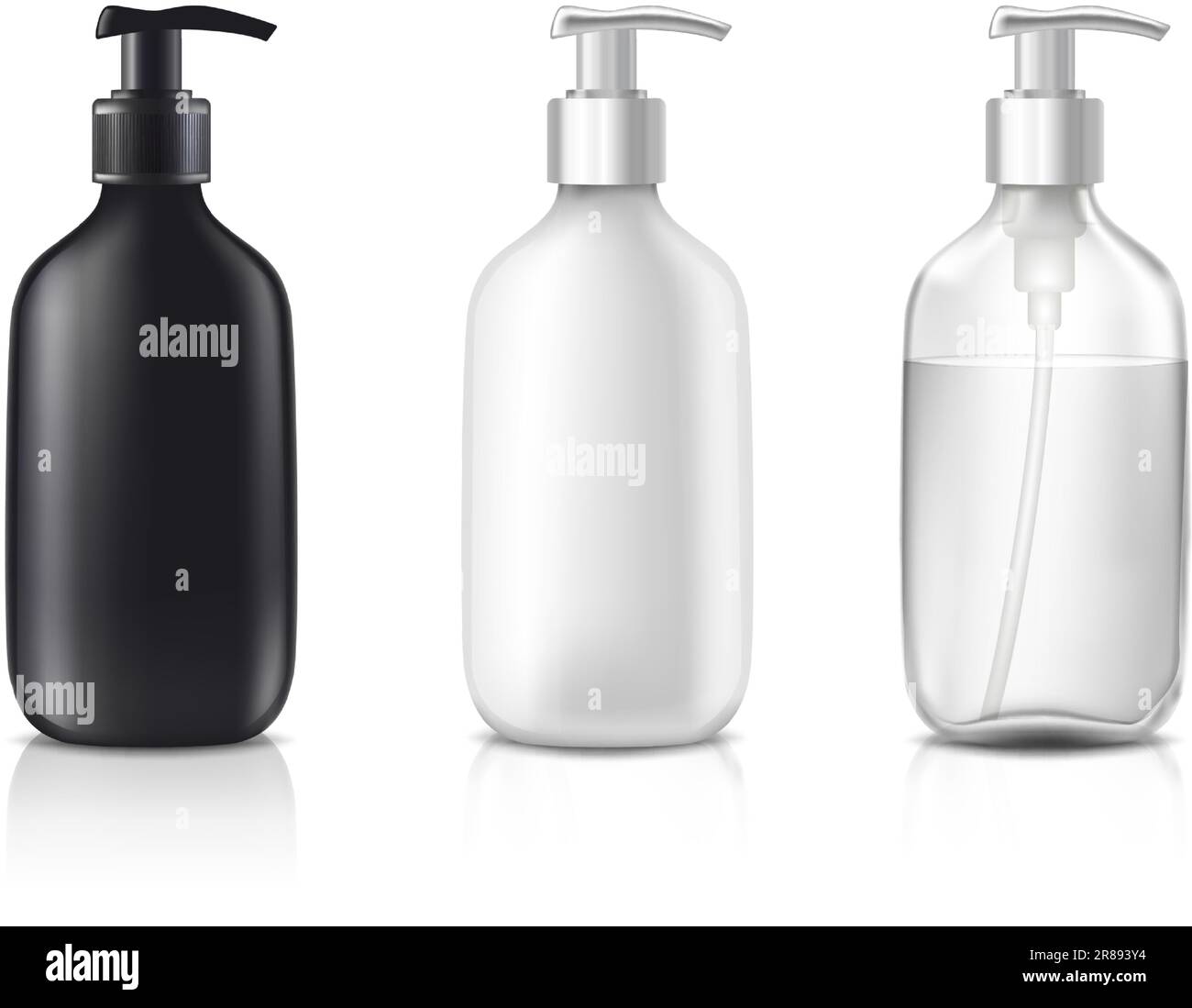 3d realistic vector cosmetic bottles in black, white and transparent ...