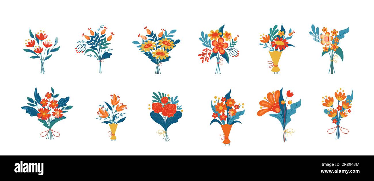 Colorful bouquets of different flowers vector illustrations set Stock ...