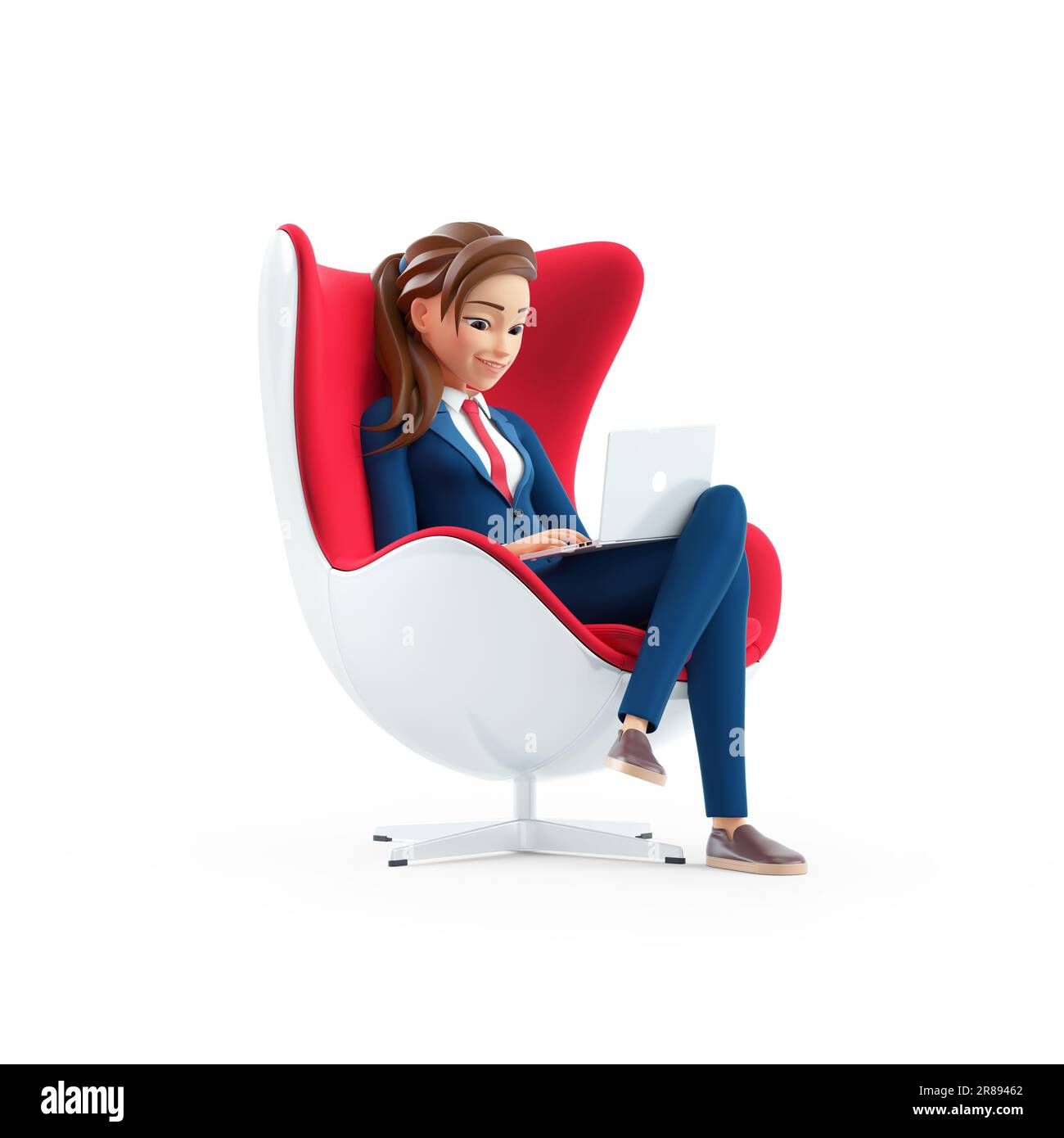 3d cartoon businesswoman sitting and working on laptop, illustration isolated on white background Stock Photo