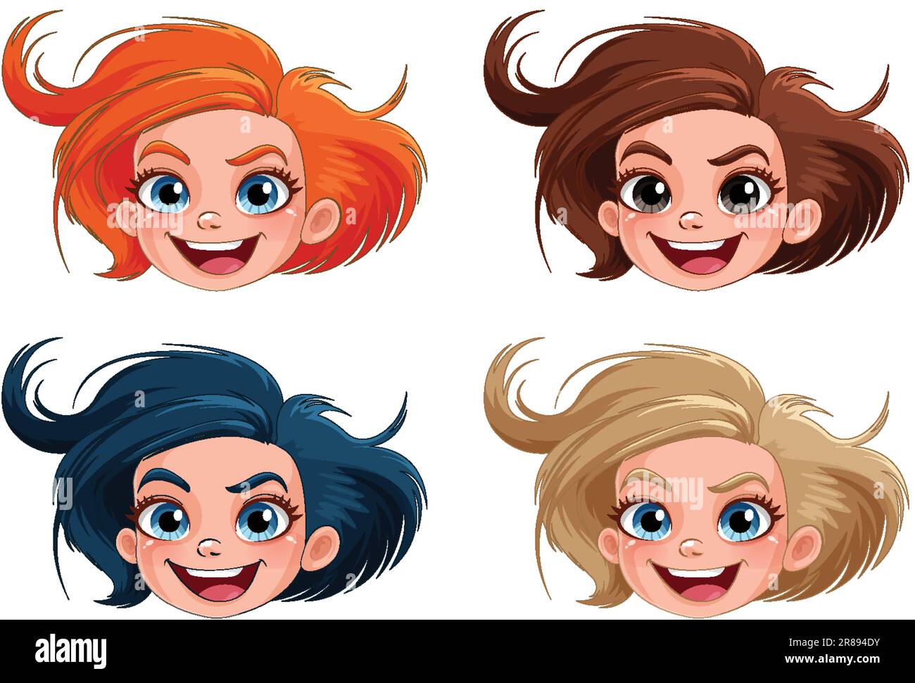 Set of girl cartoon head different hair colour illustration Stock