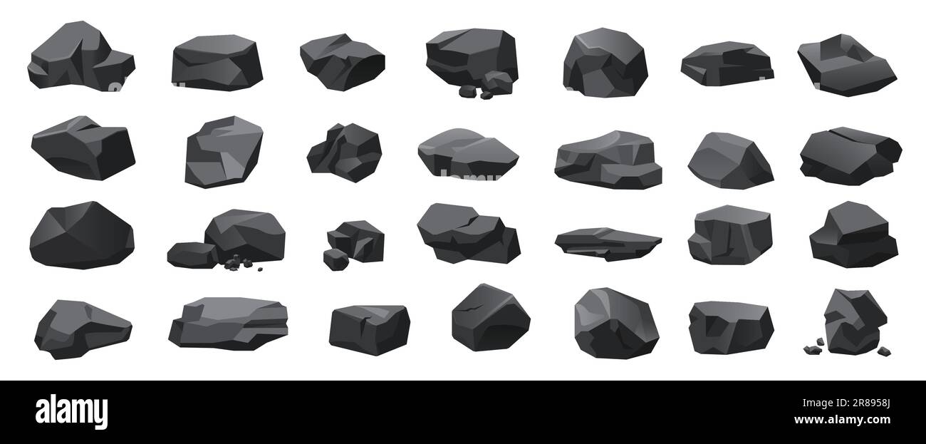 Black coal set vector illustration. Cartoon isolated lumps, basalt 