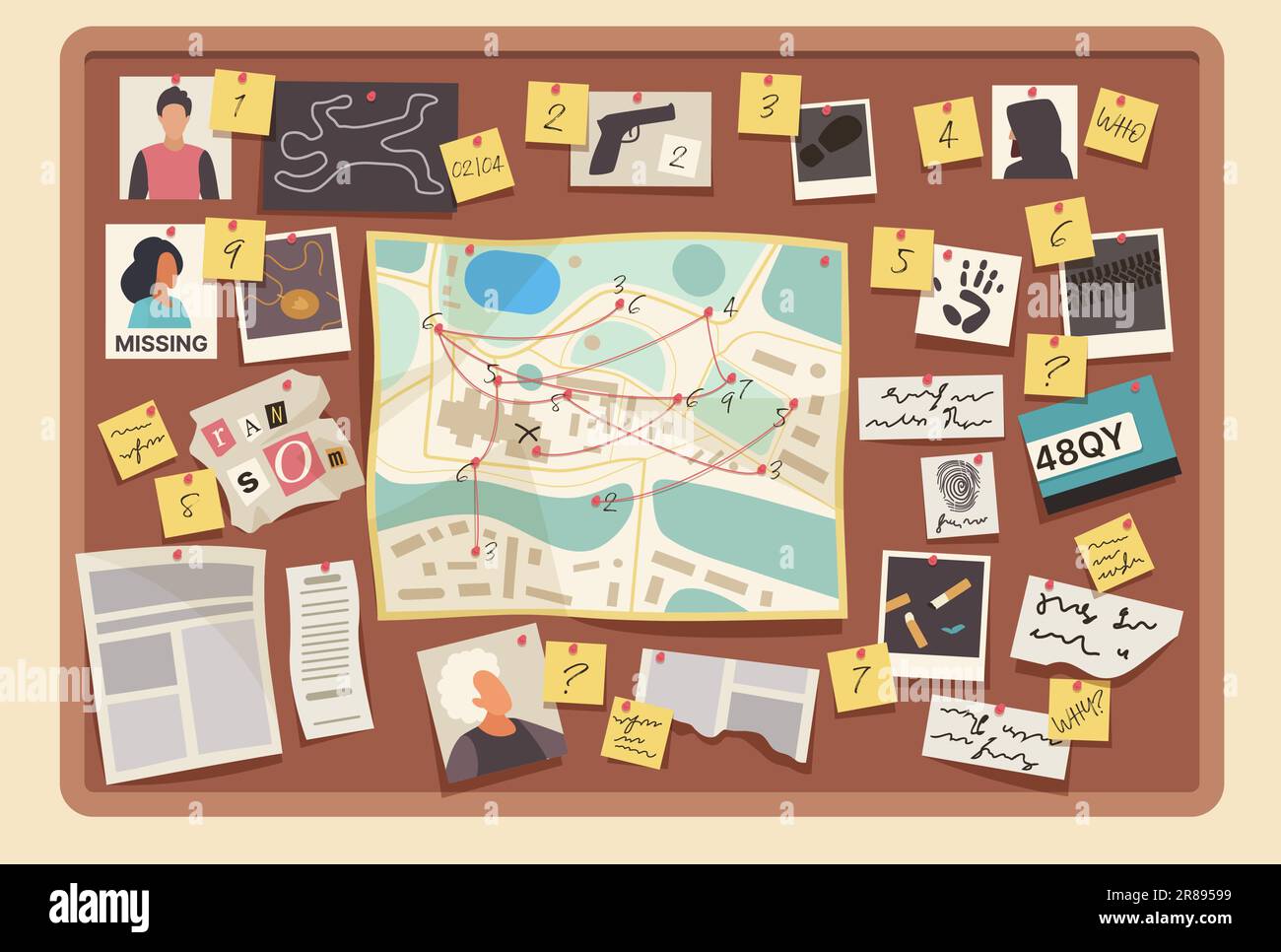 Detective pinboard with evidences vector illustration. Cartoon