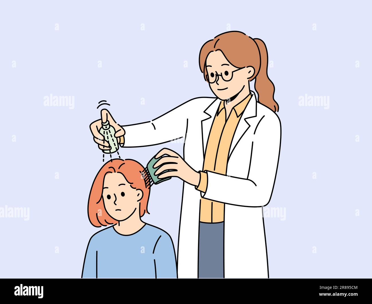 Girl with lice in hair at doctors appointment using spray and comb to