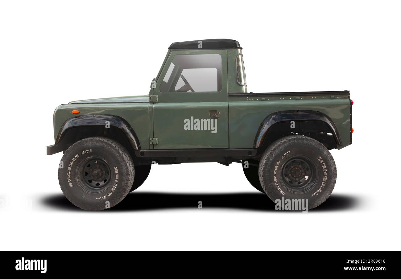 Land Rover classic SUV car, side view isolated on white background Stock Photo