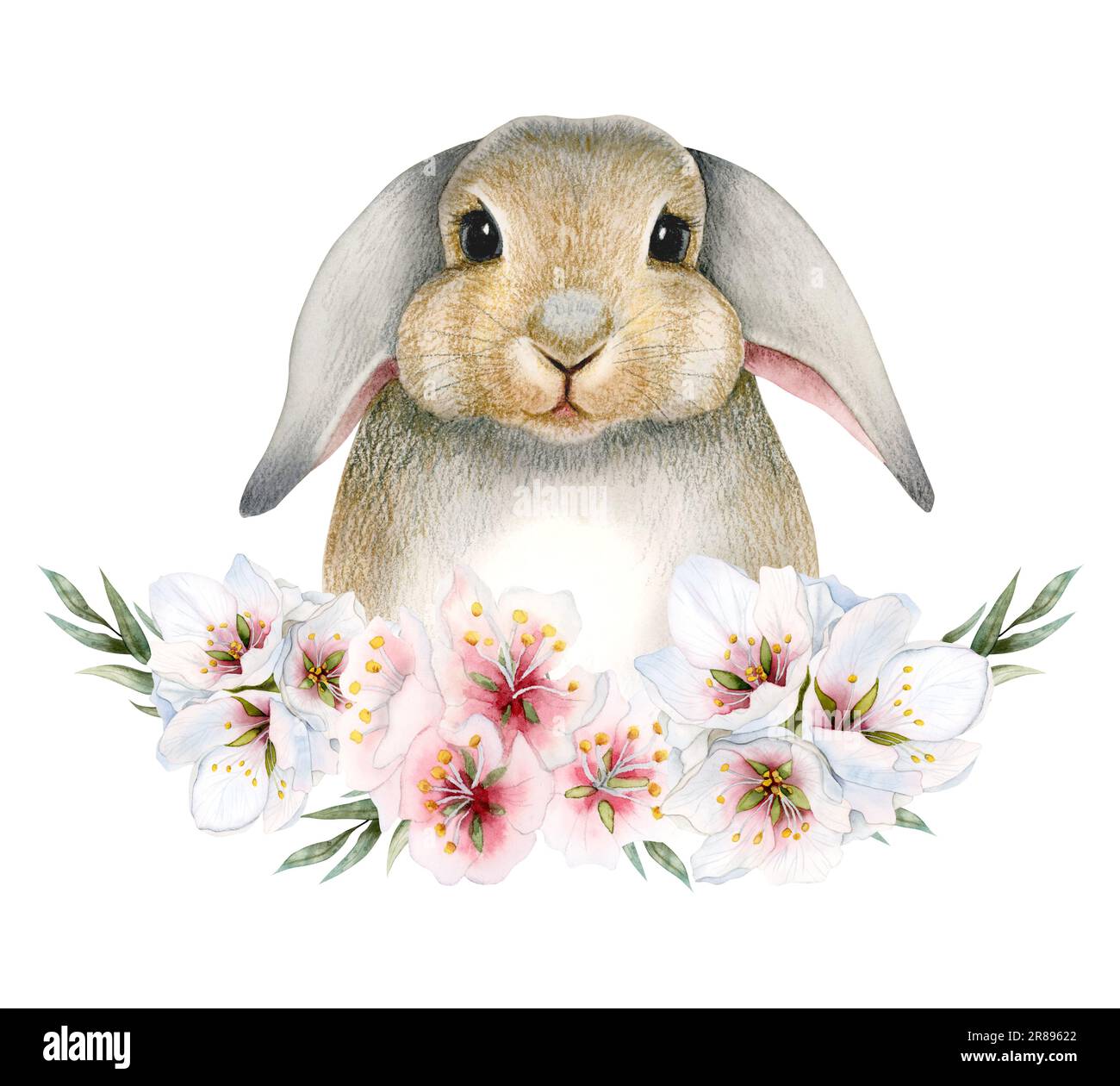 Watercolor Easter rabbit with spring pink white flowers and leaves wreath illustration isolated on white background Stock Photo