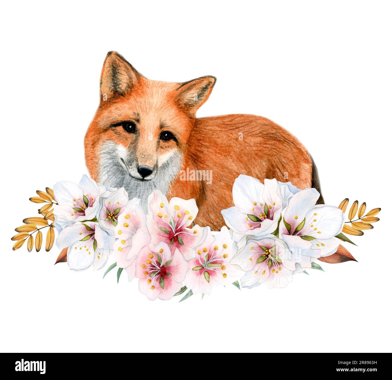 Cute cartoon red fox in flowers wreath and fall yellow leaves watercolor illustration isolated on white background Stock Photo