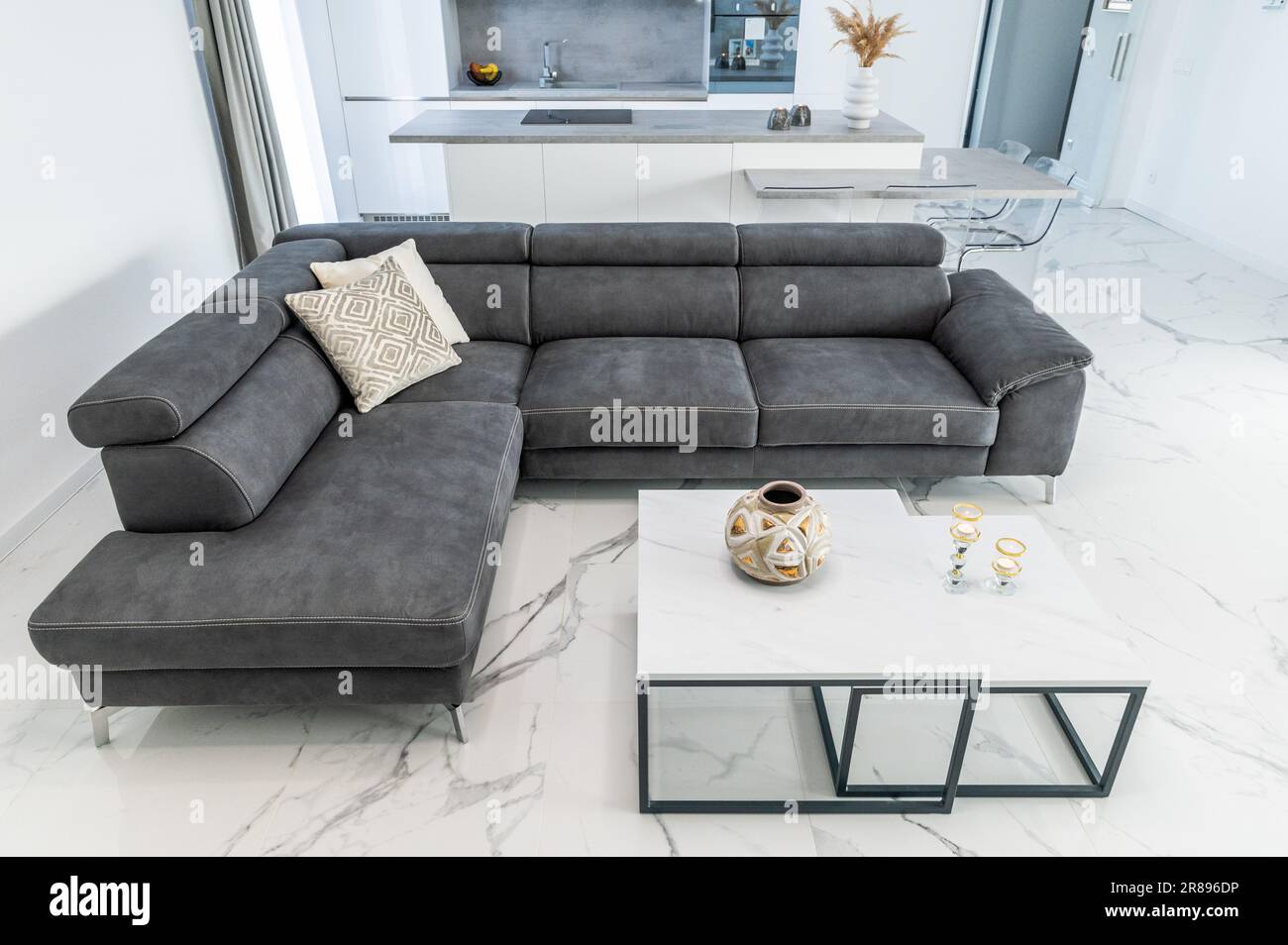 Elegant gray sofa in modern and expensive house Stock Photo Alamy