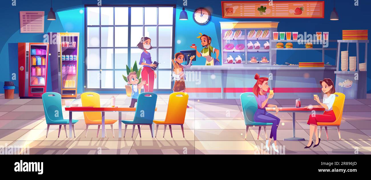 School canteen for kid student eat meal vector cartoon illustration. College kitchen room with child in queue and staff. Cafe interior design for pupil with table and chair to sit with friend Stock Vector