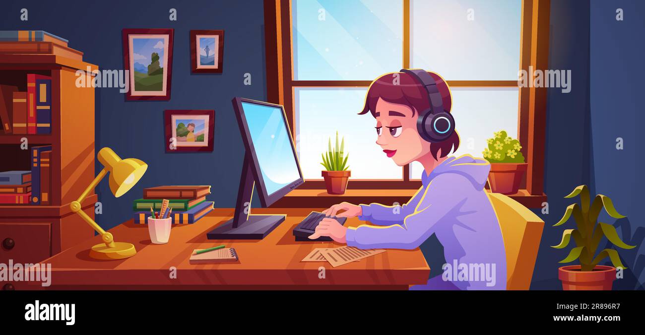 Teenager working on desktop computer at home. Vector cartoon