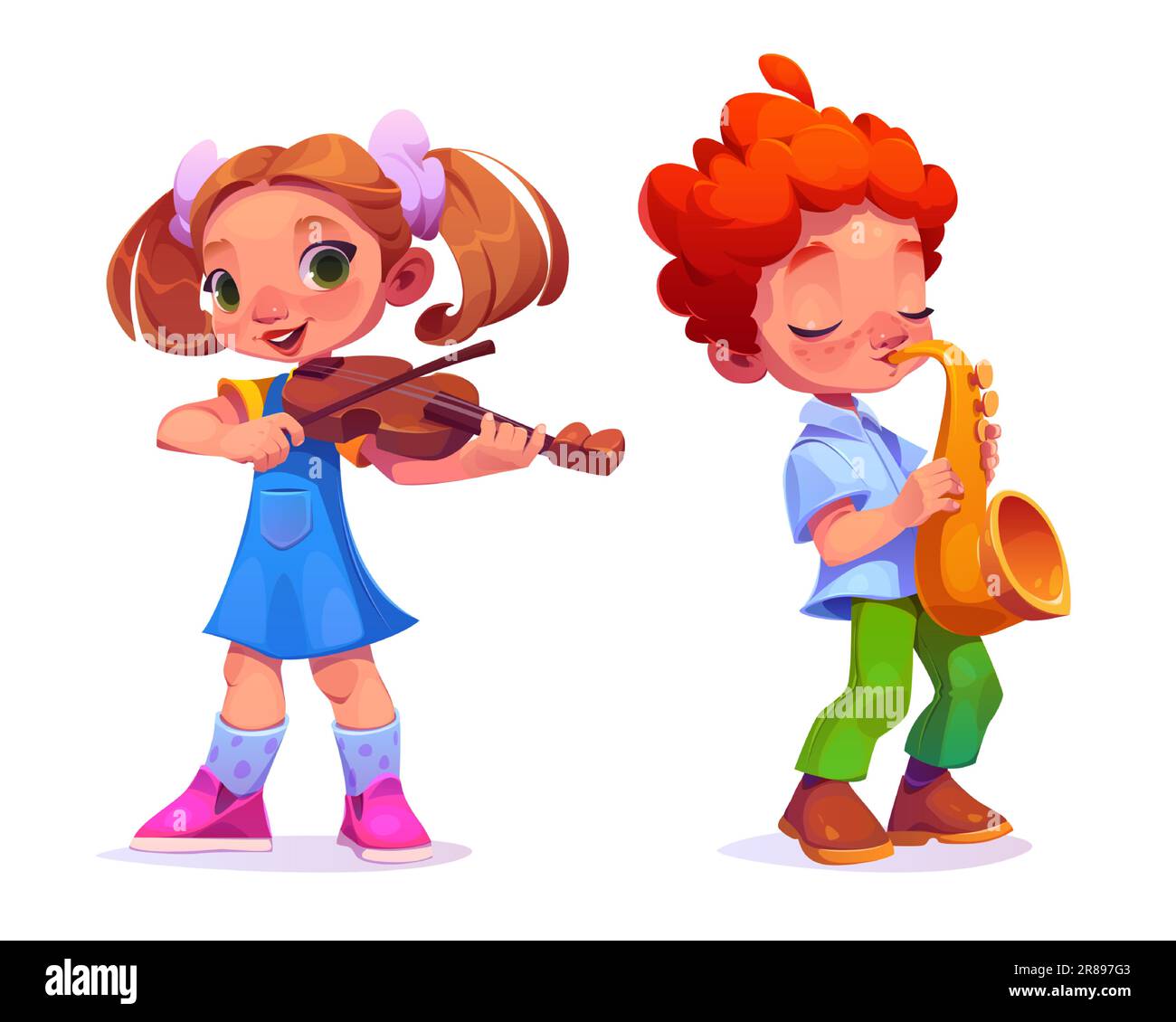 Kid play music instrument on sax and violin in school orchestra. Musician children band with boy and girl cartoon performance concept. Happy child student character playing jazz rhythm isolated Stock Vector