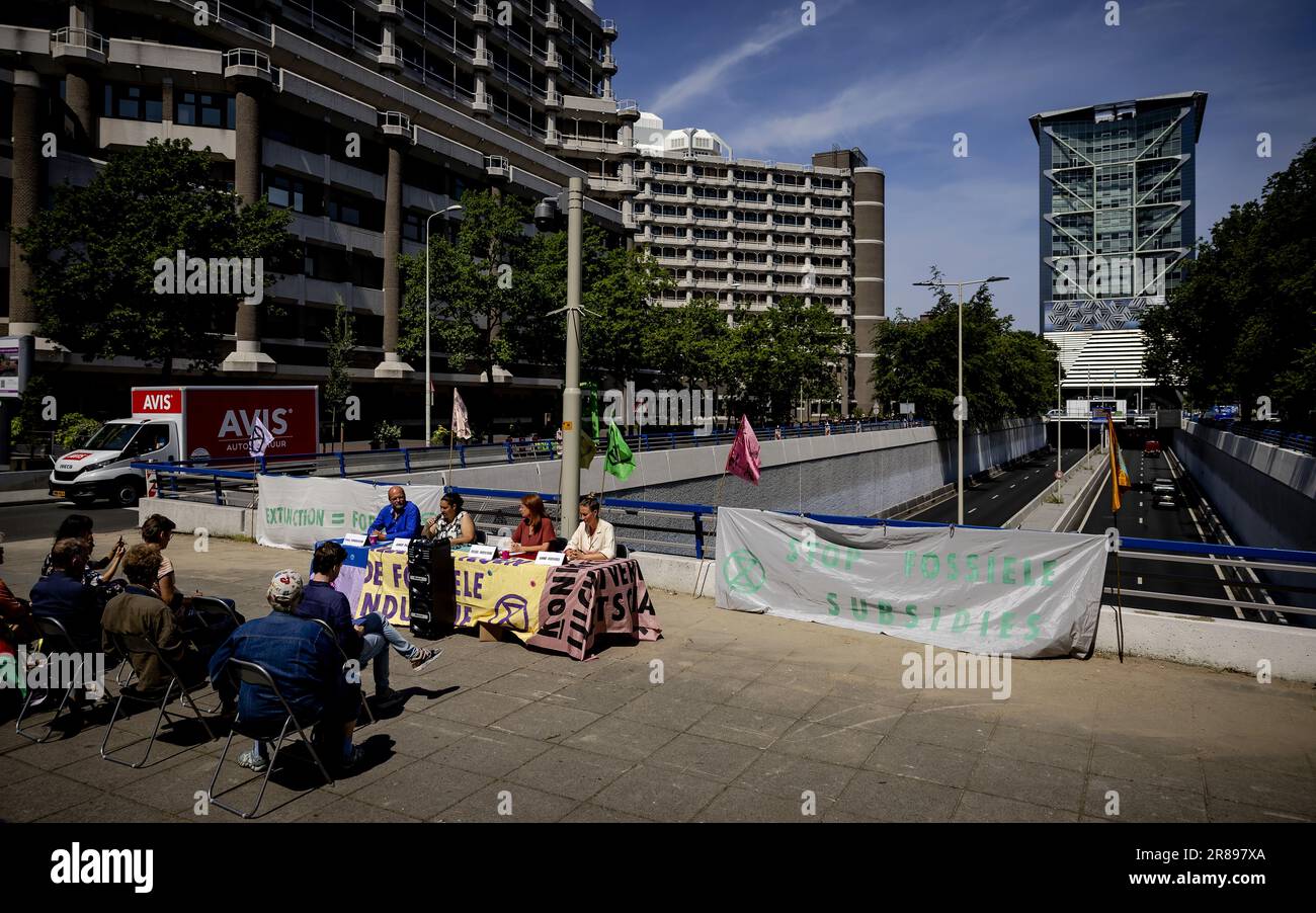 THE HAGUE - Members of the protest group during the Extinction Rebellion press conference about a possible new A12 blockade. ANP ROBIN VAN LONKHUIJSEN netherlands out - belgium out Stock Photo