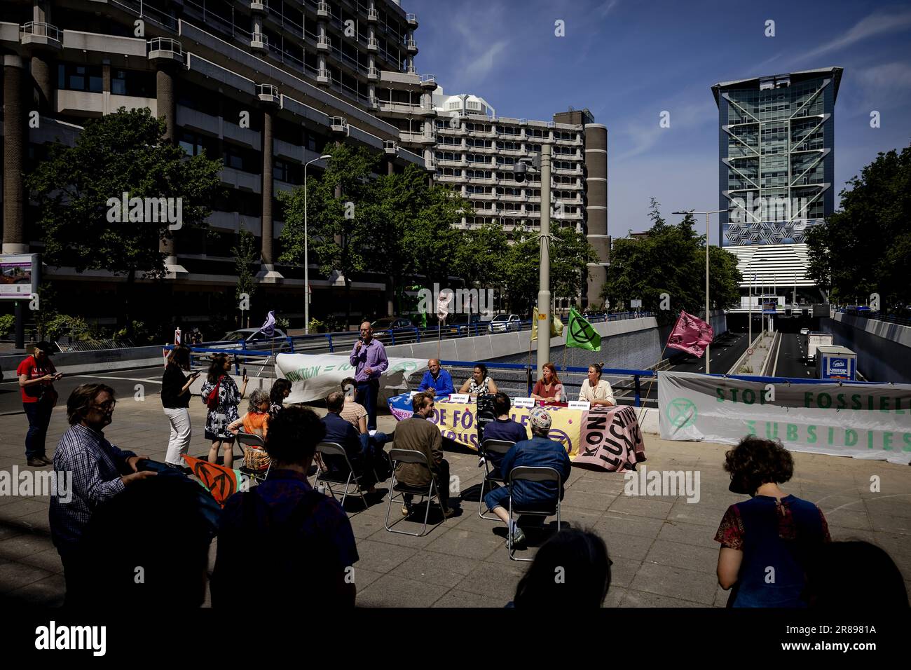 THE HAGUE - Members of the protest group during the Extinction Rebellion press conference about a possible new A12 blockade. ANP ROBIN VAN LONKHUIJSEN netherlands out - belgium out Stock Photo