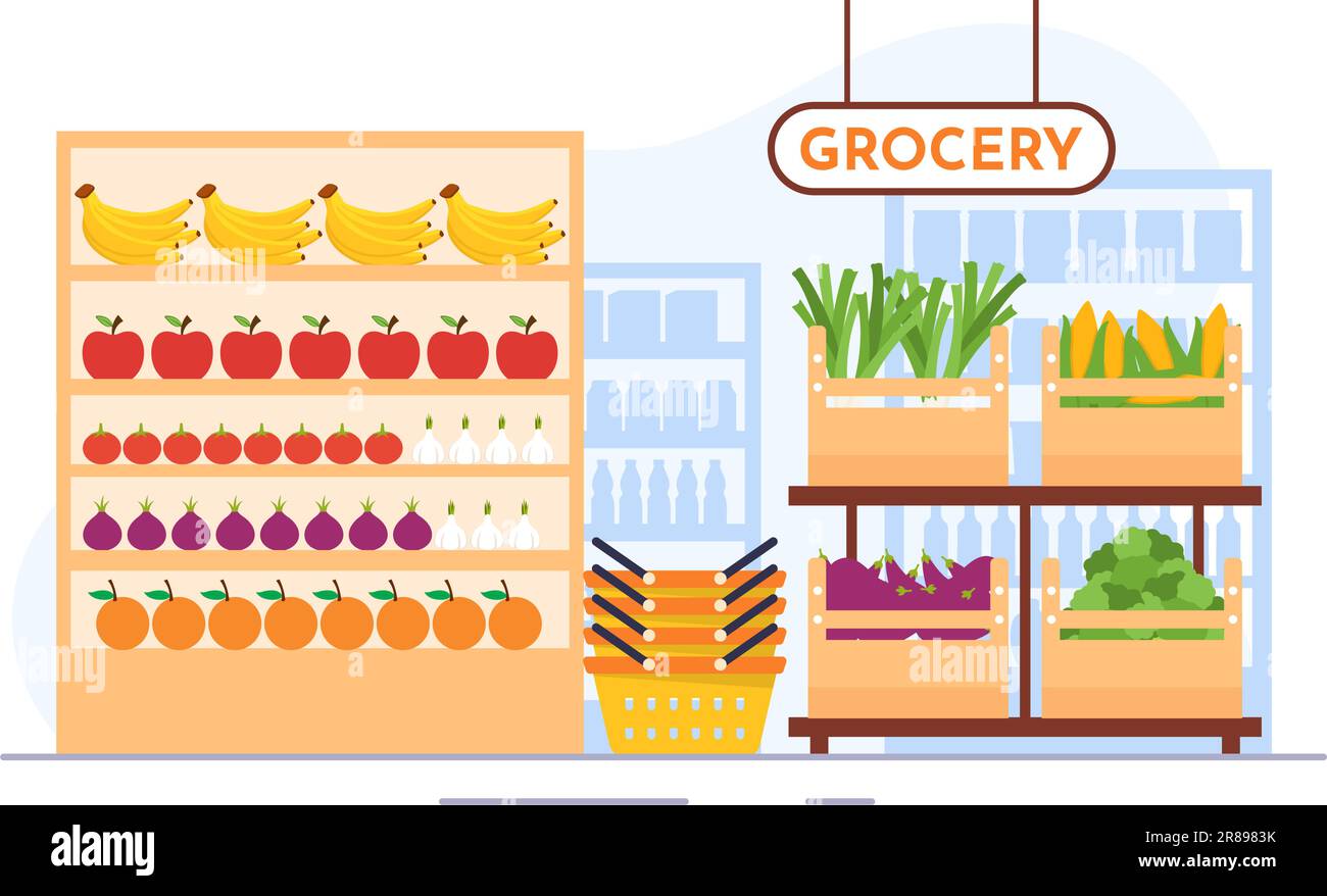 Food Grocery Store Shopping Vector Illustration with Foods Items and ...
